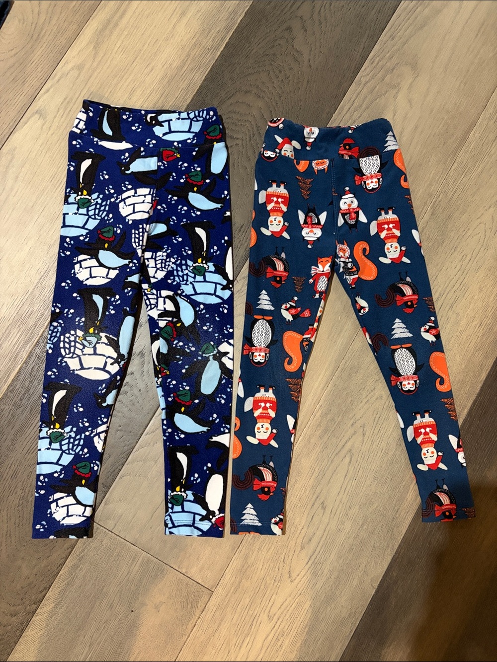 LuLaRoe Navy Winter Character Kids Leggings - Penguins & Foxes